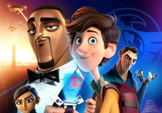 A young man stands with a wristwatch projecting a hologram. Next to him stands a tall man in a suit. A sports car drives in the foreground, and a pigeon flies by wearing a bow-tie