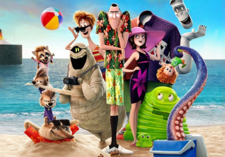 Count Dracula, and his friends and family stand on a beach. His friends include a mummy, a ghost, a werewolf and a Frankenstein-esque monster