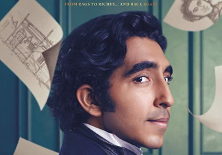 David Copperfield, dressed in period clothing, stands as sketches of people and buildings float around him on paper