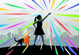 An illustration of a girl and a cat. The girl is reaching out, marking an orb of light with her hand, causing shards of colour to jet out. The silhouette of a city skyline makes up the background