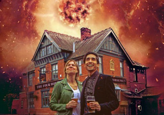 A man and a woman, both holding pints of beer, look happily up at the sky. Behind them a comet is shooting towards a pub