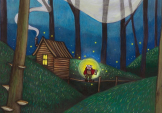 Illustration of an old man holding a lantern outside of a small cottage in the woods. There is a full moon in the background