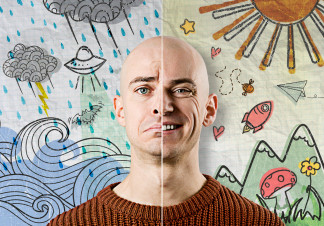 Wearing A bald man's face is split down the middle. On the left side of his face he is frowning, with a background of illustrated stormy oceans and an alien spaceship. On the right side he is smiling with an illustrated background of the sun shining, mountains, plants and a rocketship.