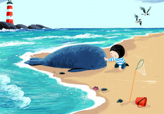 An illustration of a whale, washed up on a beach, being patted by a young boy. A lighthouse is present in the background