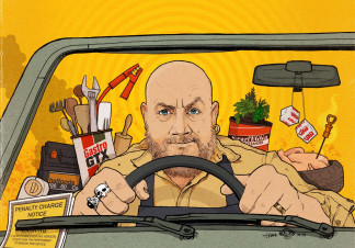 An illustration of George driving a car, food ingredients bouncing behind him