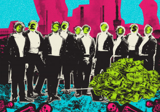 Men in formal wear have dollar signs in places of their faces. They stand next to a pile of money. In the ground below them there are numerous skeletons