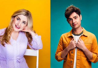 Harriet is on the left, sat on a white chair in front of a yellow background. Brenna stands in front of a teal background. Both are smiling